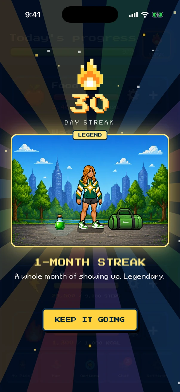 The 1-month streak celebration in Fit Pixel