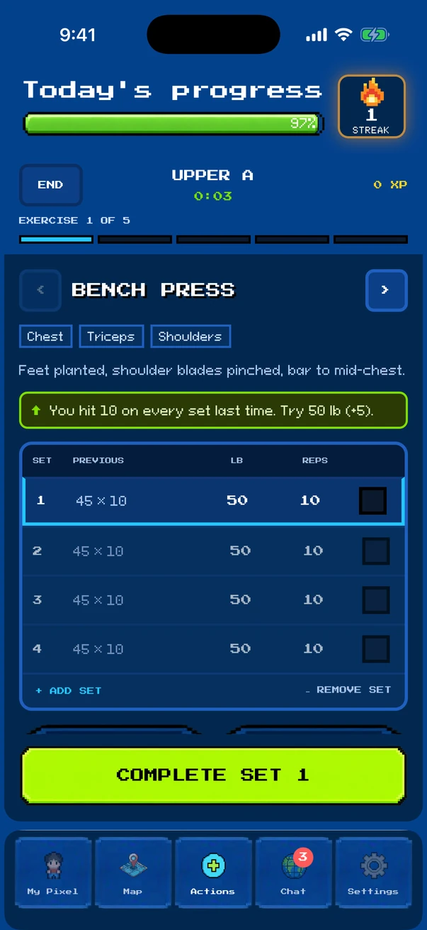 Fit Pixel workout mode: bench press sets with a suggestion to add five pounds